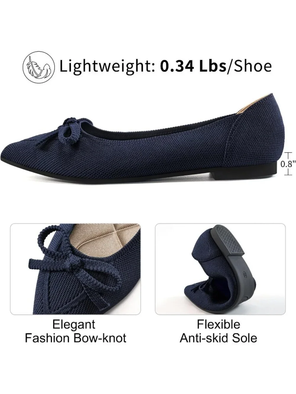 Women's Blue Ballet Flats Shoes Dressy Pointed Toe Bow Knit Flats Comfortable
